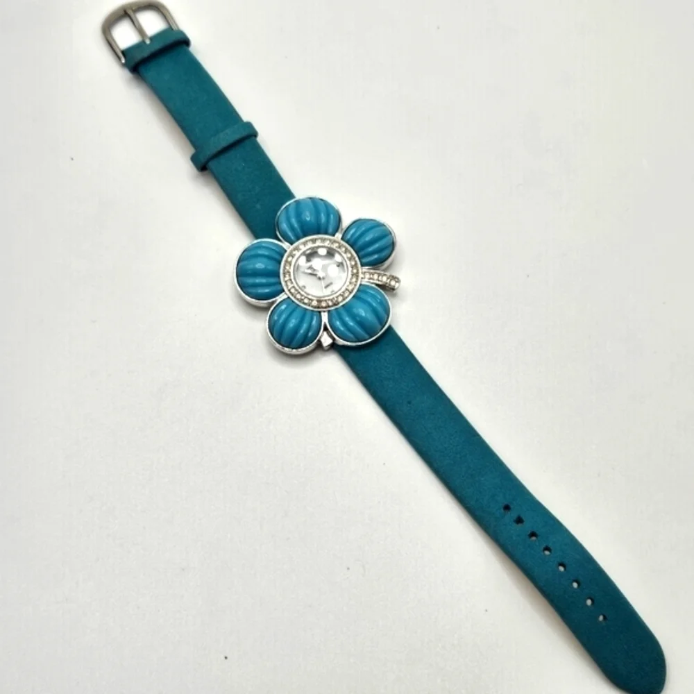 VINTAGE Suzanne Somers Blue Rhinestone Flower Watch Leather Band MOP Face Box